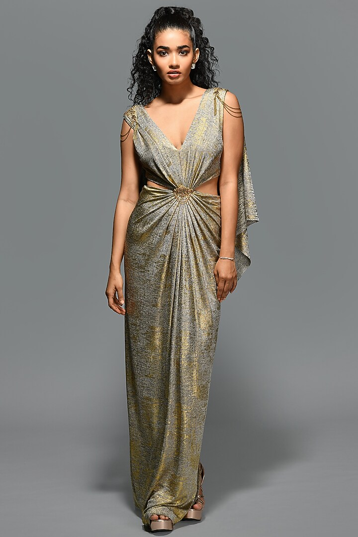 Metallic Gold Foil Embellished Wedding Gown Saree by S&N by Shantnu Nikhil at Pernia's Pop Up Shop