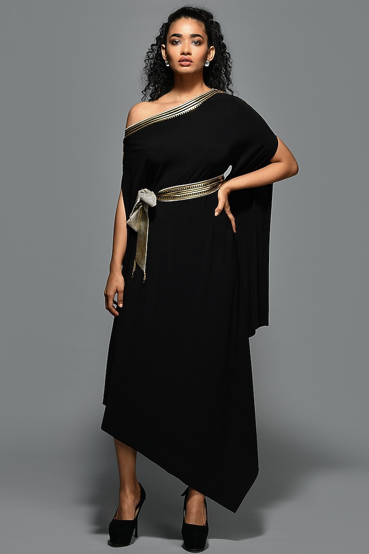 Black Poly Blend & Lycra Asymmetric Vacation Dress by S&N by Shantnu Nikhil at Pernia's Pop Up Shop
