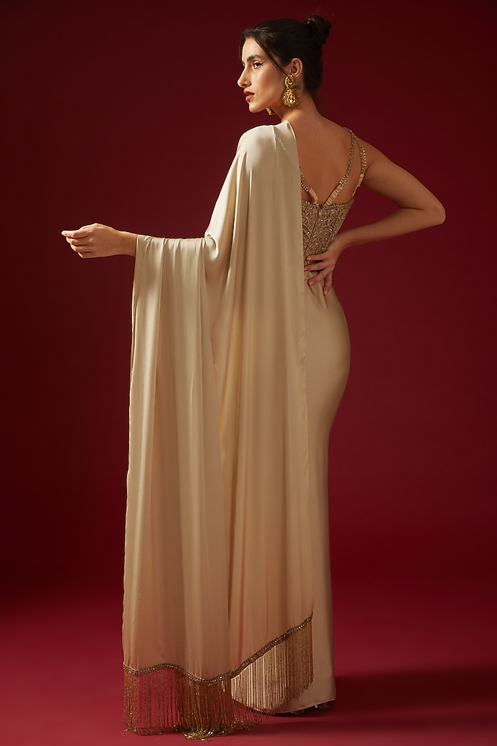 Gold Satin Embroidered Corset Bridal Saree Set by Shantnu & Nikhil at Pernia's Pop Up Shop
