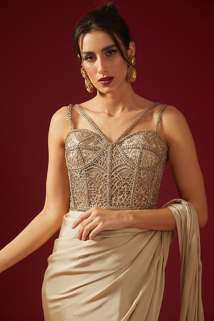 Gold Satin Embroidered Corset Bridal Saree Set by Shantnu & Nikhil at Pernia's Pop Up Shop