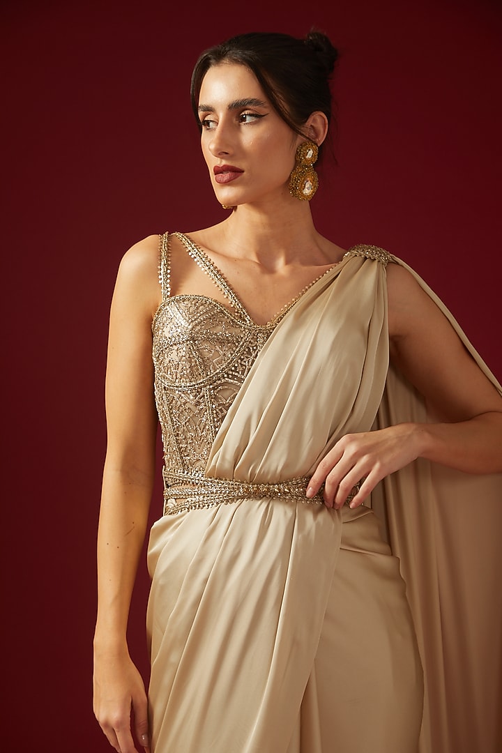 Gold Satin Embroidered Corset Bridal Saree Set by Shantnu & Nikhil at Pernia's Pop Up Shop