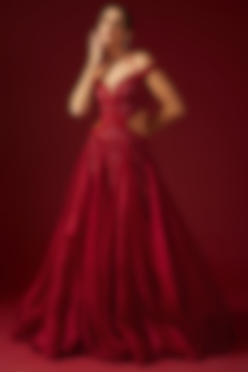 Red Organza Embroidered Off-Shoulder Draped Bridal Gown by Shantnu & Nikhil at Pernia's Pop Up Shop