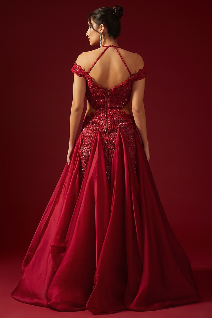 Red Organza Embroidered Off-Shoulder Draped Bridal Gown by Shantnu & Nikhil at Pernia's Pop Up Shop
