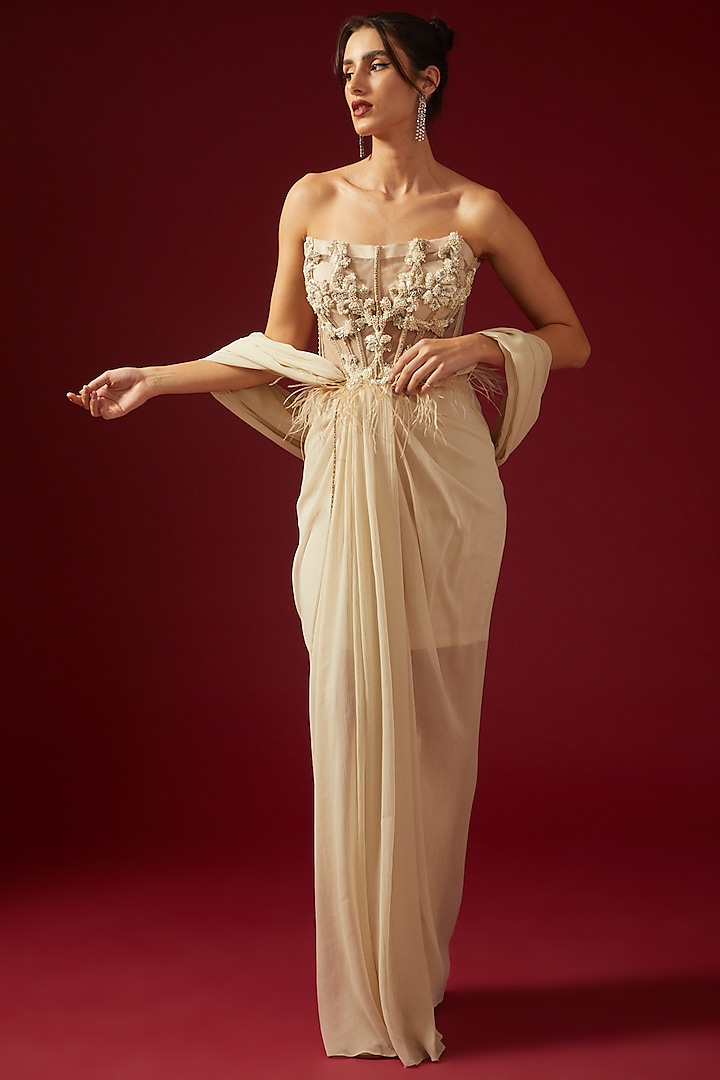 Ivory Georgette Embroidered Strapless Gown Saree by Shantnu & Nikhil