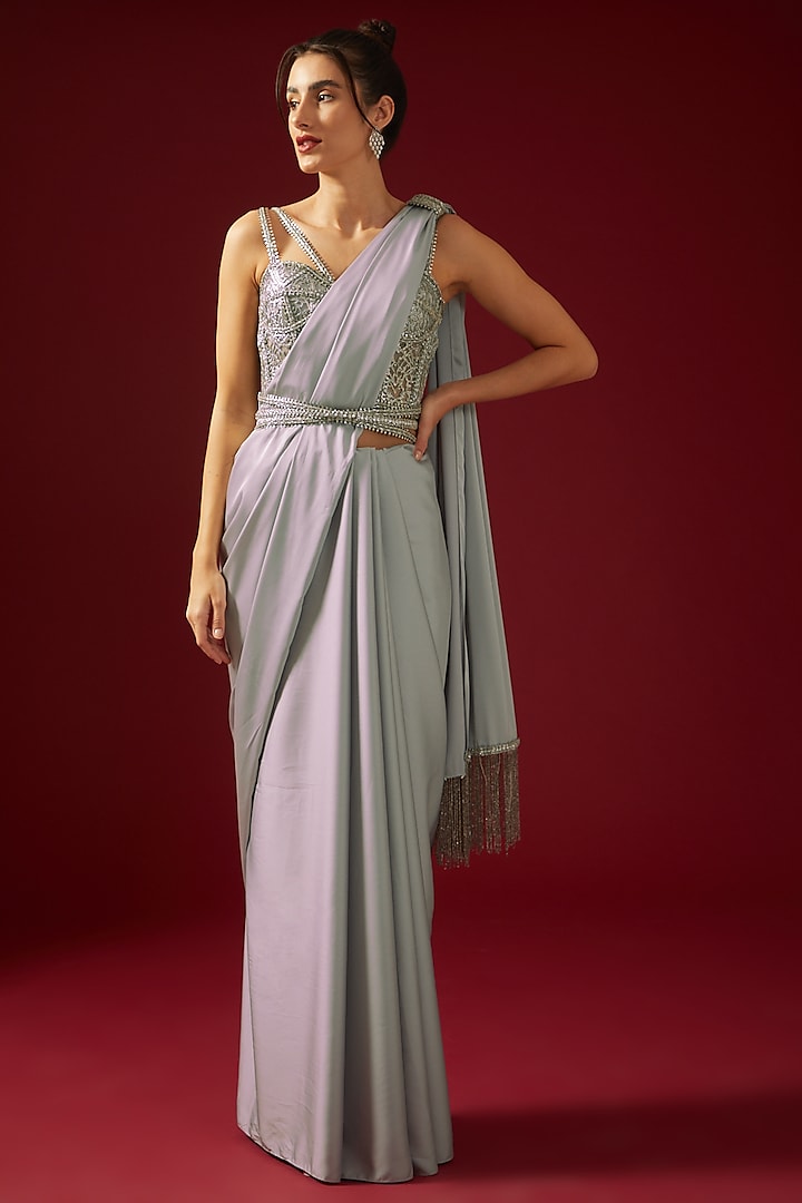 Grey Satin Embroidered Corset Saree Set by Shantnu & Nikhil