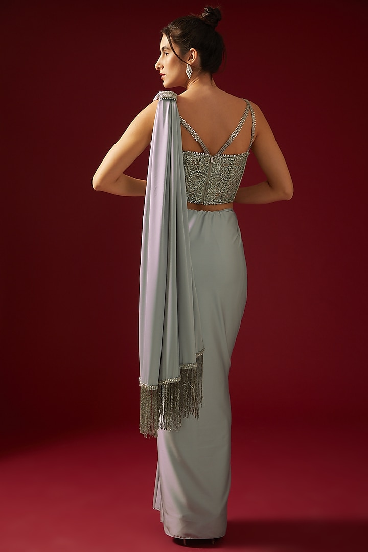 Grey Satin Embroidered Corset Bridal Saree Set by Shantnu & Nikhil at Pernia's Pop Up Shop