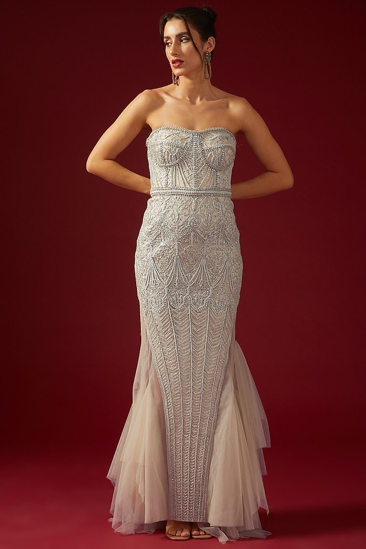 Ivory Imported Net Embroidered Strapless Gown by Shantnu & Nikhil