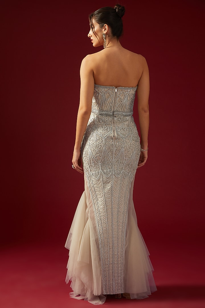 Ivory Imported Net Embroidered Strapless Bridal Gown by Shantnu & Nikhil at Pernia's Pop Up Shop