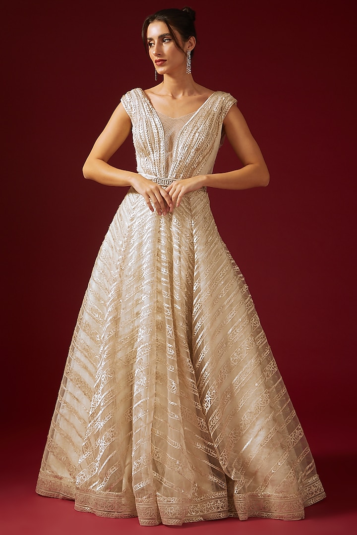 Ivory Imported Net Embroidered Gown With Belt by Shantnu & Nikhil