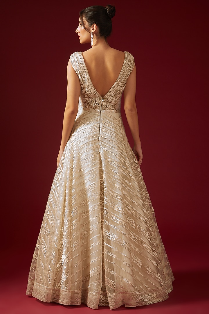 Ivory Imported Net Embroidered Bridal Gown With Belt by Shantnu & Nikhil at Pernia's Pop Up Shop