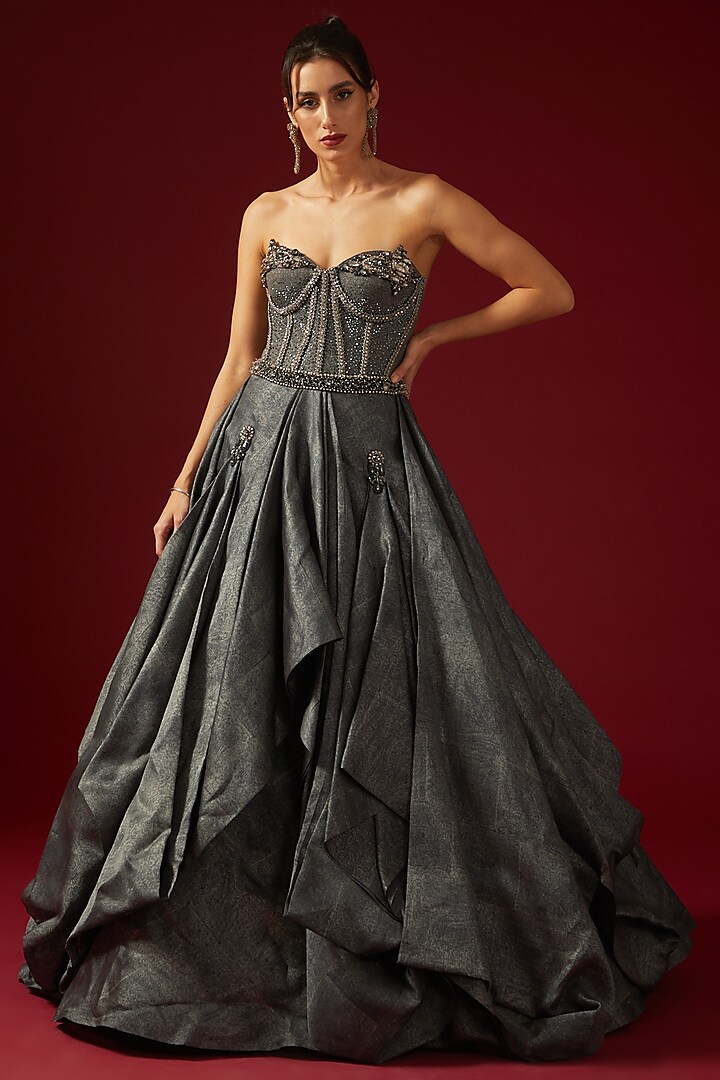 Grey Organza Embroidered Corset Gown by Shantnu & Nikhil