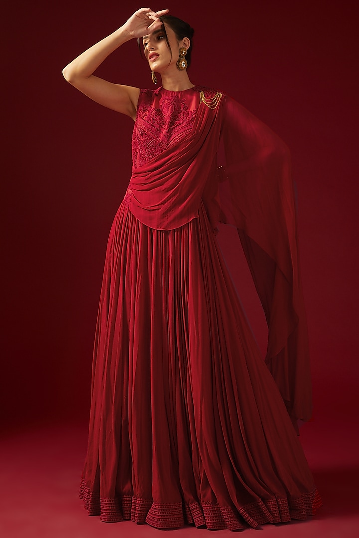 Red Georgette Embroidered Draped Anarkali Gown by Shantnu & Nikhil