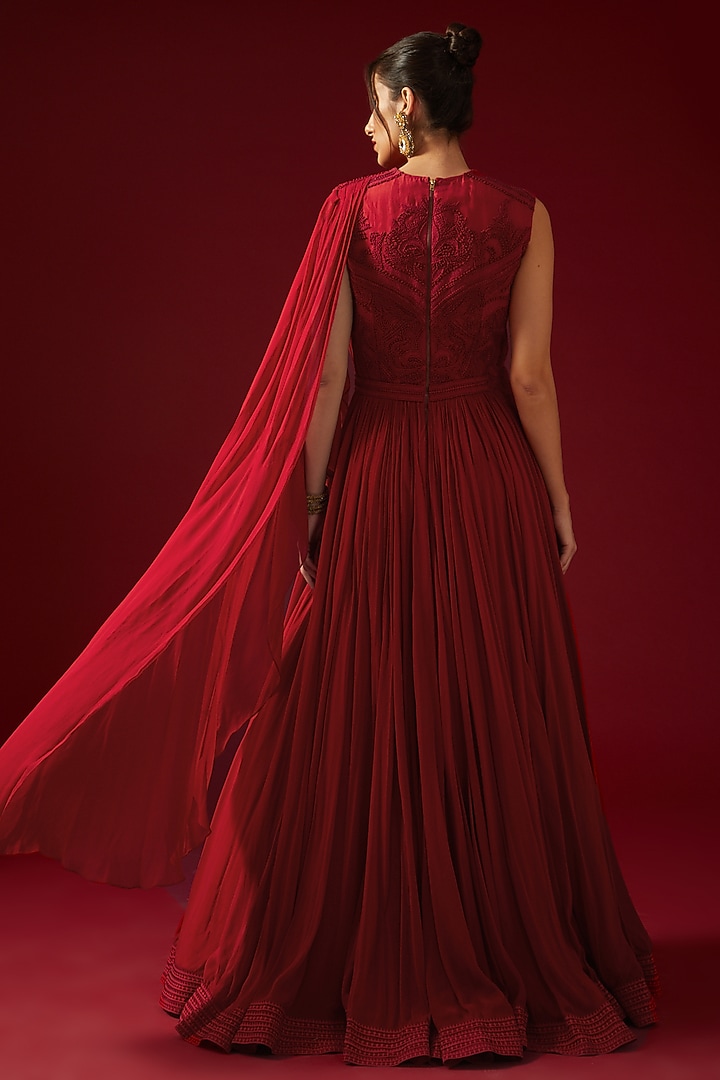 Red Georgette Embroidered Draped Anarkali Wedding Gown by Shantnu & Nikhil at Pernia's Pop Up Shop