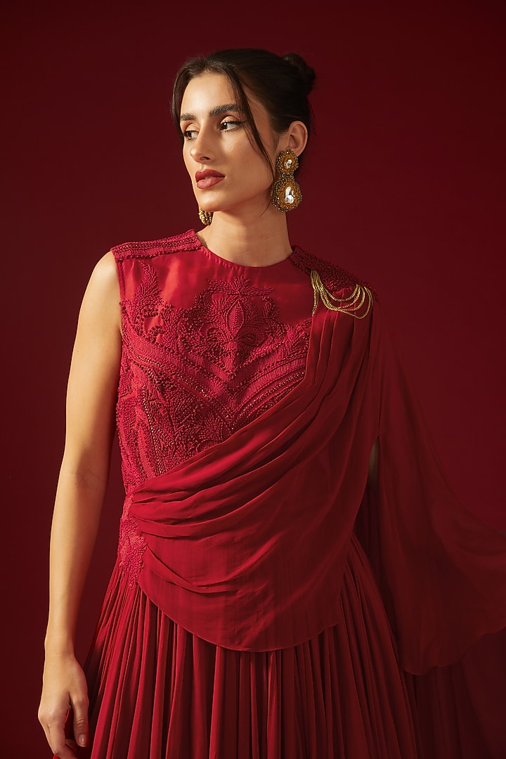 Red Georgette Embroidered Draped Anarkali Wedding Gown by Shantnu & Nikhil at Pernia's Pop Up Shop