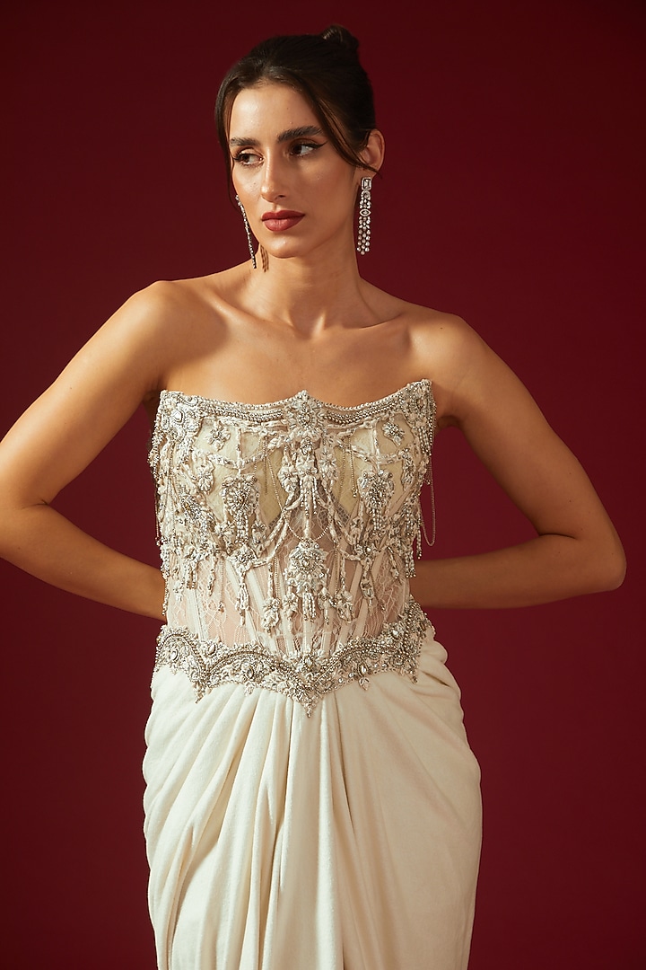 Ivory Velvet Embroidered Corset Bridal Gown Saree by Shantnu & Nikhil at Pernia's Pop Up Shop