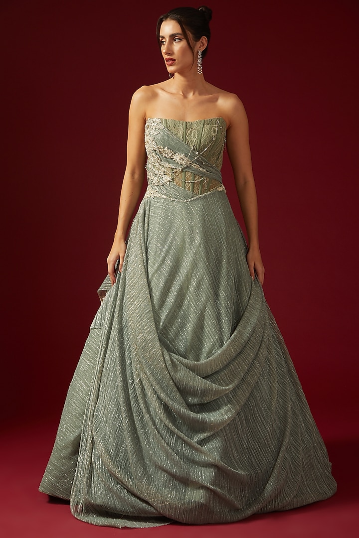 Mint Pleated Lurex Embroidered Draped Gown by Shantnu & Nikhil at Pernia's Pop Up Shop