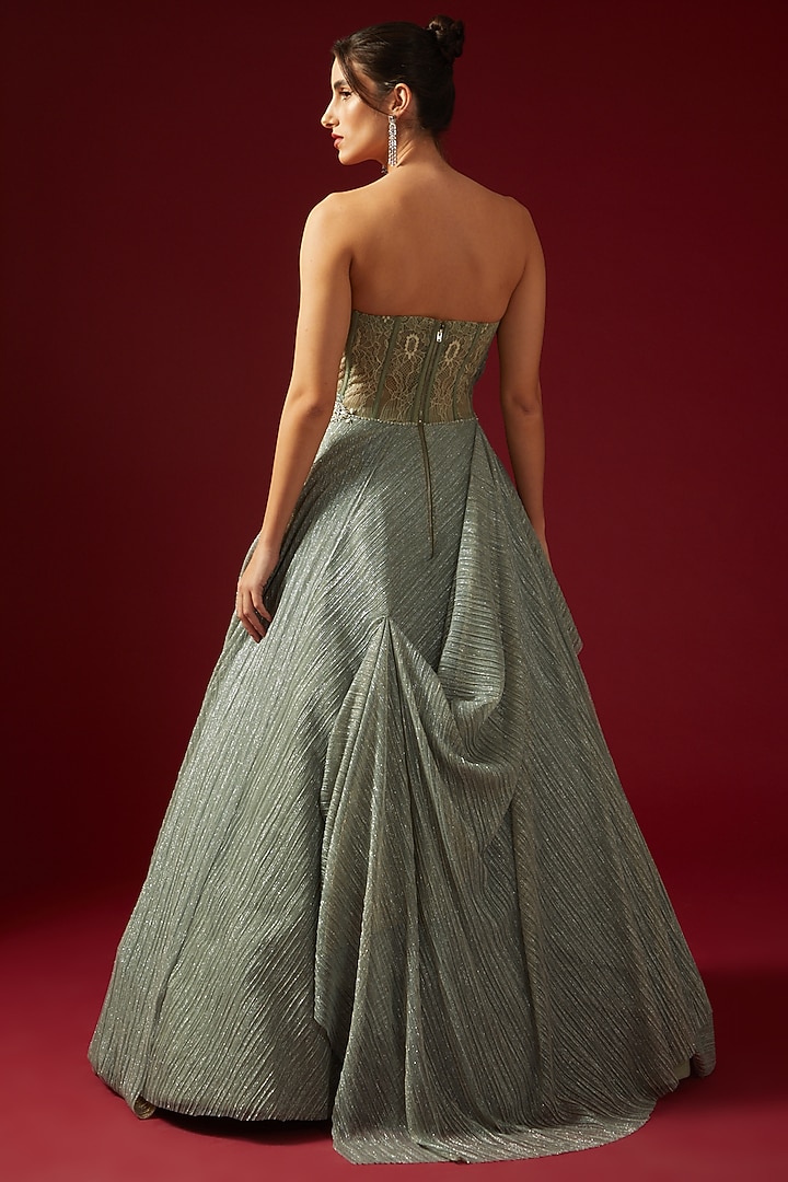 Mint Pleated Lurex Embroidered Draped Bridal Gown by Shantnu & Nikhil at Pernia's Pop Up Shop