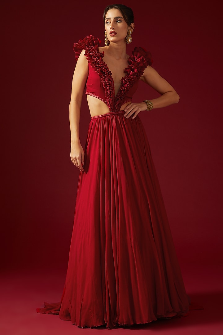Red Georgette Embroidered Ruffled Gown by Shantnu & Nikhil