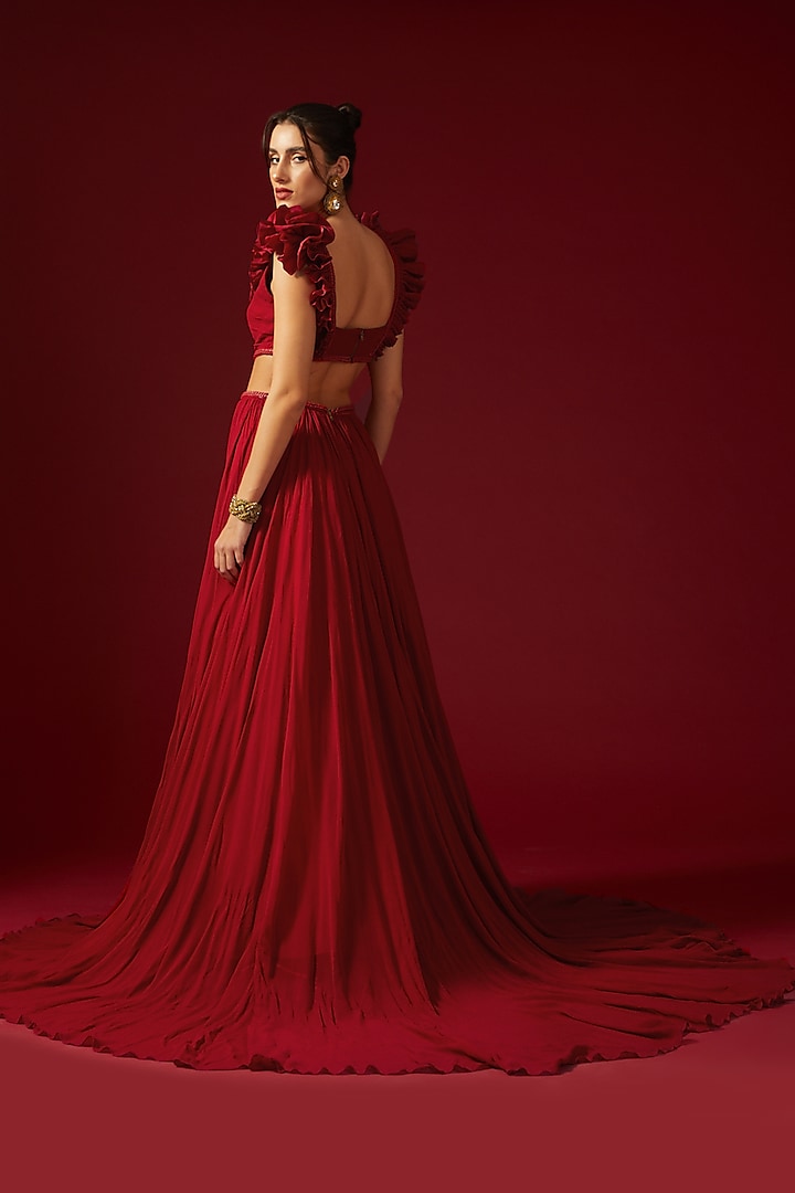 Red Georgette Embroidered Ruffled Bridal Gown by Shantnu & Nikhil at Pernia's Pop Up Shop