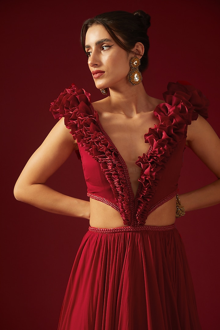 Red Georgette Embroidered Ruffled Bridal Gown by Shantnu & Nikhil at Pernia's Pop Up Shop