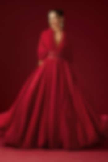 Red Pleated Satin Embroidered Voluminous Gown by Shantnu & Nikhil