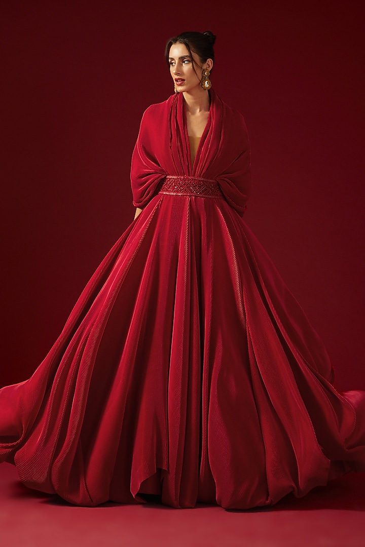 Red Pleated Satin Embroidered Voluminous Gown by Shantnu & Nikhil