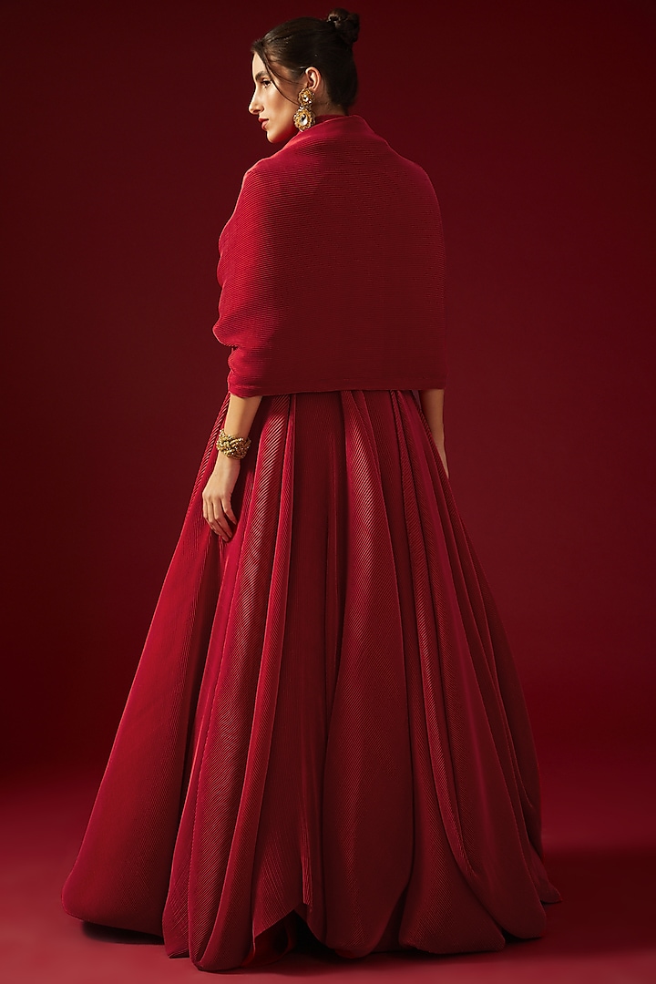Red Pleated Satin Embroidered Voluminous Bridal Gown by Shantnu & Nikhil at Pernia's Pop Up Shop