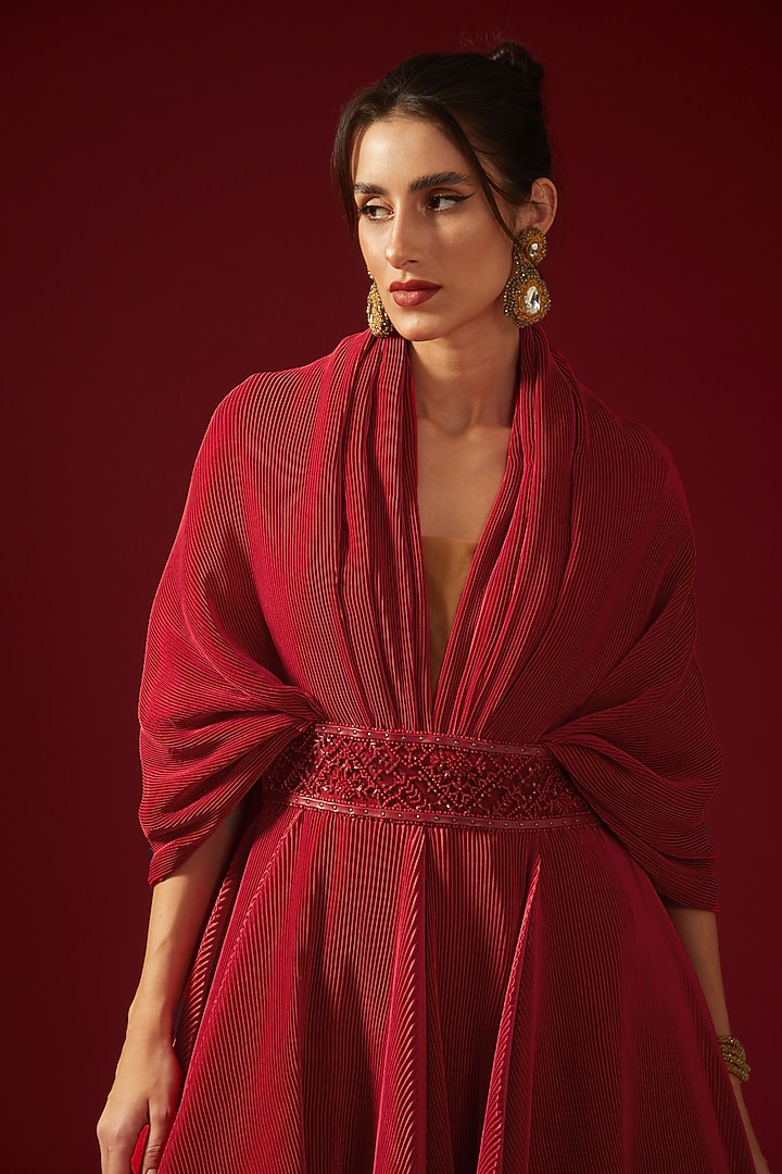 Red Pleated Satin Embroidered Voluminous Bridal Gown by Shantnu & Nikhil at Pernia's Pop Up Shop