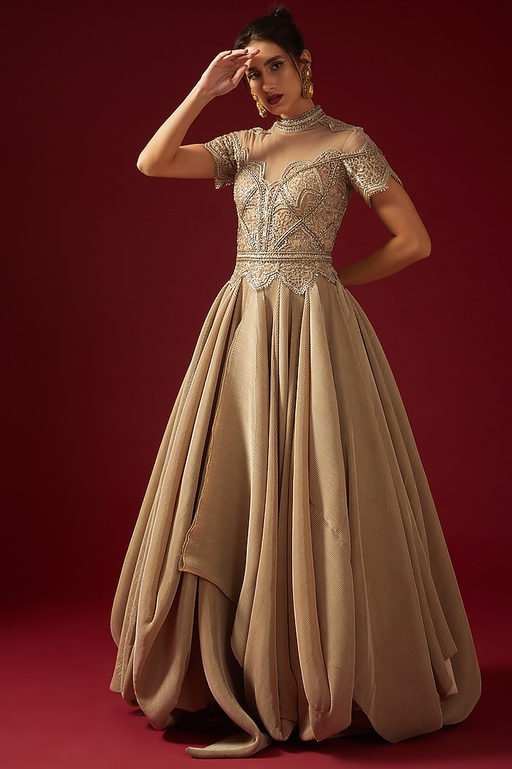 Gold Pleated Satin Embroidered Draped Gown by Shantnu & Nikhil