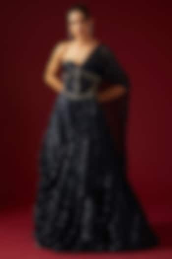 Navy Blue Sequins Embroidered One Shoulder Draped Bridal Gown by Shantnu & Nikhil at Pernia's Pop Up Shop