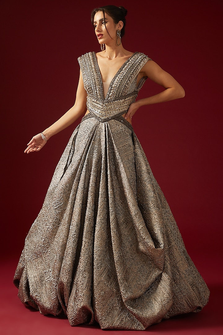Grey Brocade Embroidered Draped Gown by Shantnu & Nikhil