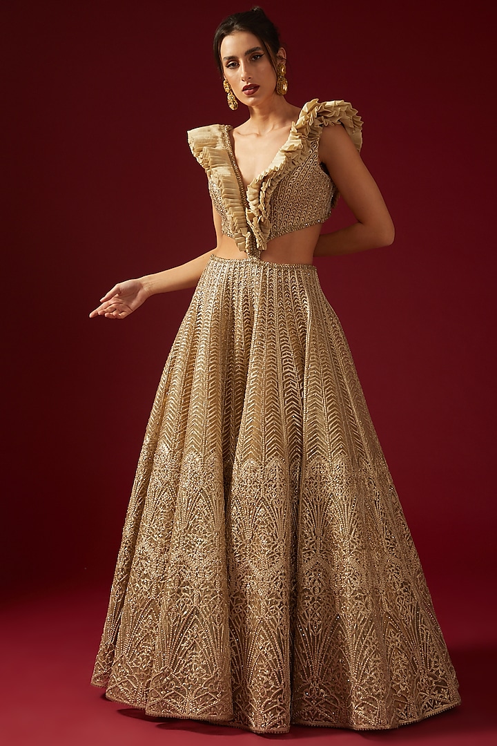 Gold Net Embroidered Ruffled Gown by Shantnu & Nikhil