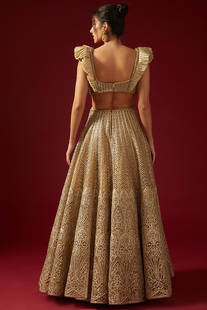 Gold Net Embroidered Ruffled Bridal Gown by Shantnu & Nikhil at Pernia's Pop Up Shop