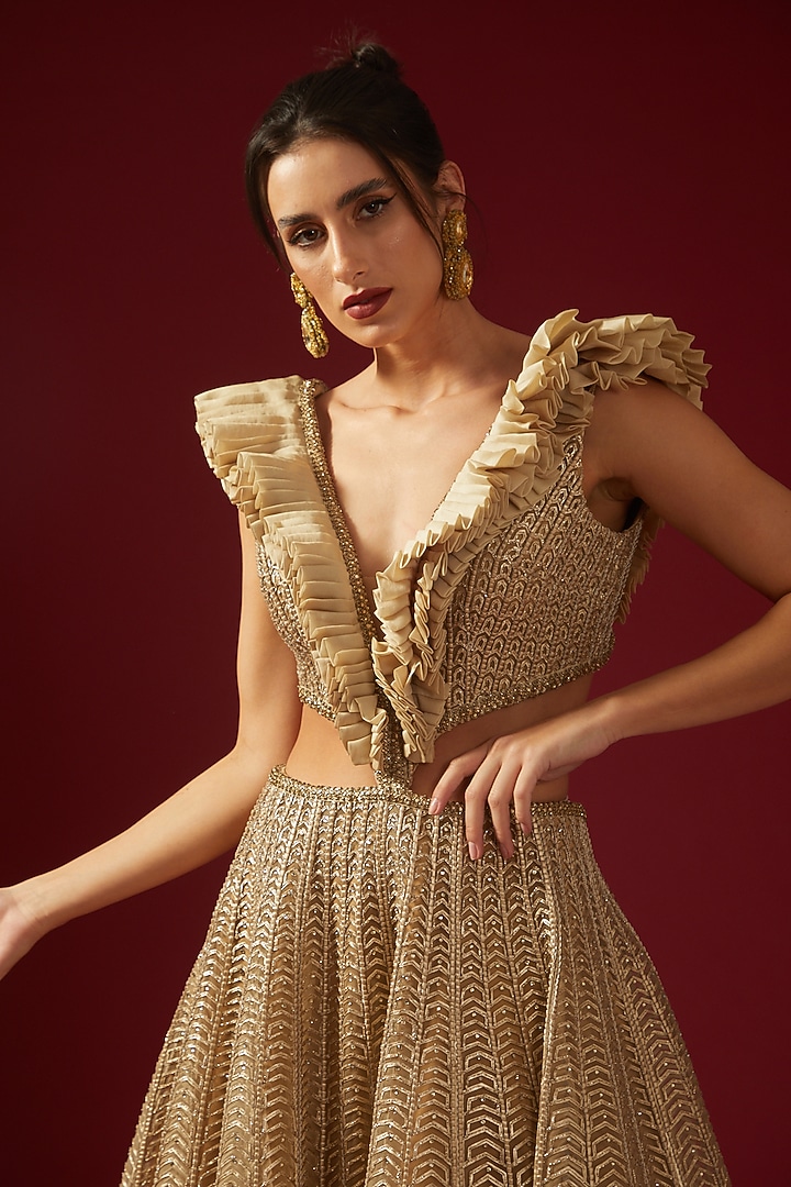 Gold Net Embroidered Ruffled Bridal Gown by Shantnu & Nikhil at Pernia's Pop Up Shop