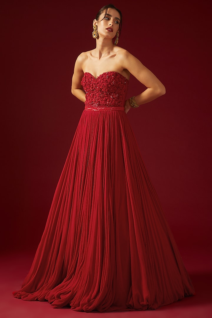 Red Georgette Embroidered Strapless Gown by Shantnu & Nikhil