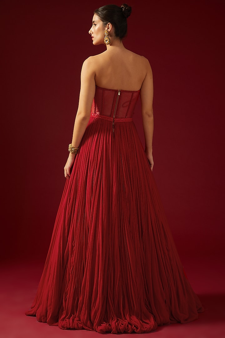 Red Georgette Embroidered Strapless Bridal Gown by Shantnu & Nikhil at Pernia's Pop Up Shop