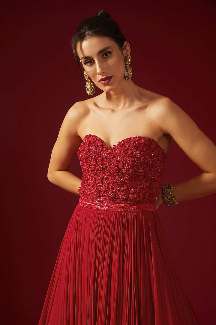 Red Georgette Embroidered Strapless Bridal Gown by Shantnu & Nikhil at Pernia's Pop Up Shop