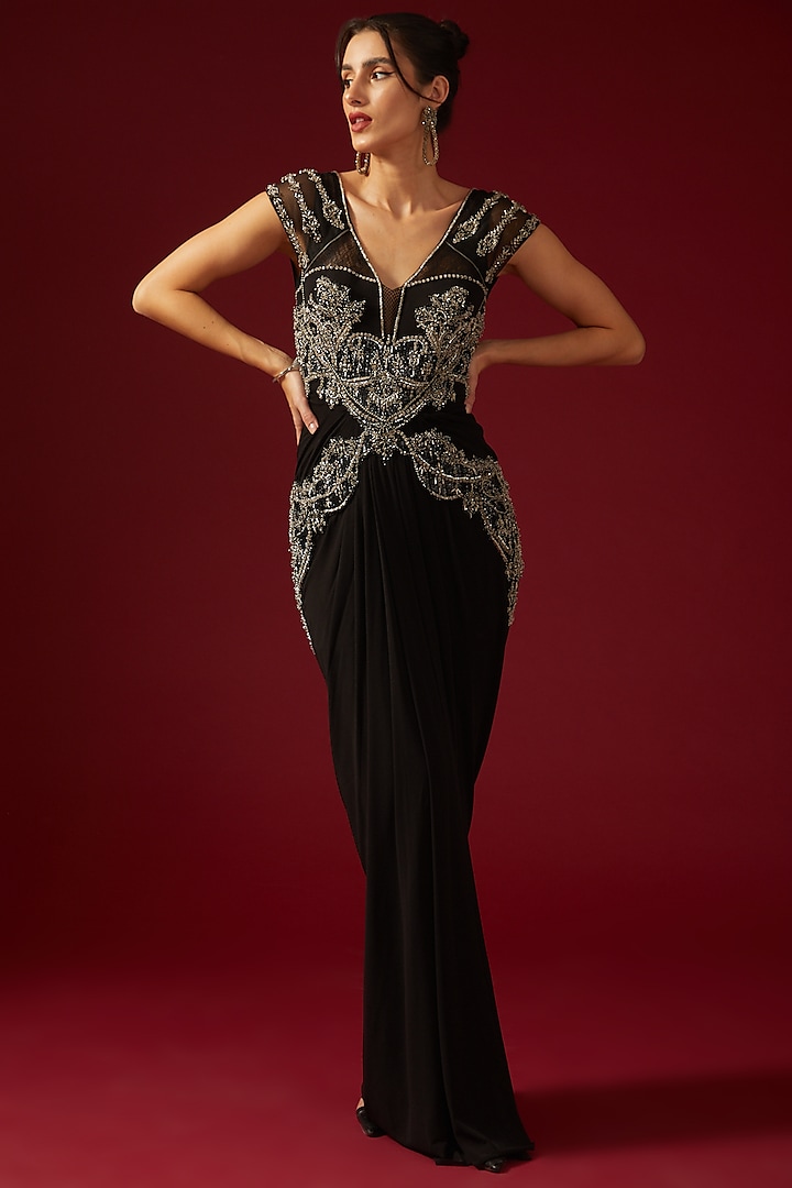 Black Jersey Embroidered Gown Saree by Shantnu & Nikhil
