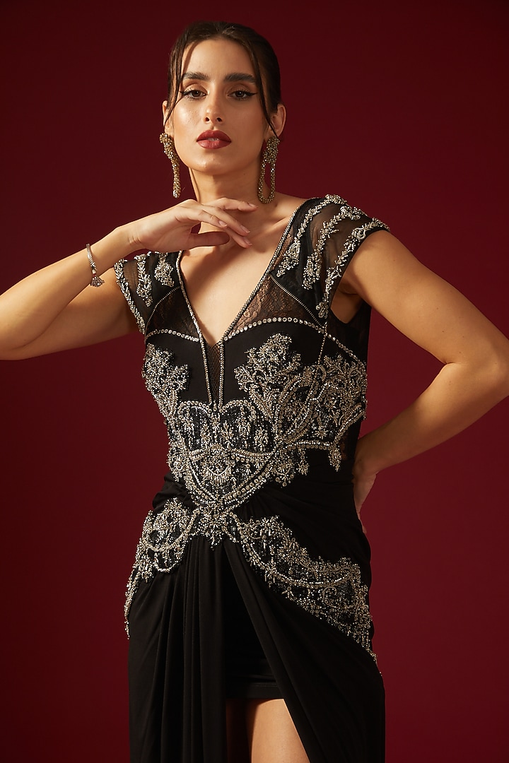 Black Jersey Embroidered Bridal Gown Saree by Shantnu & Nikhil at Pernia's Pop Up Shop
