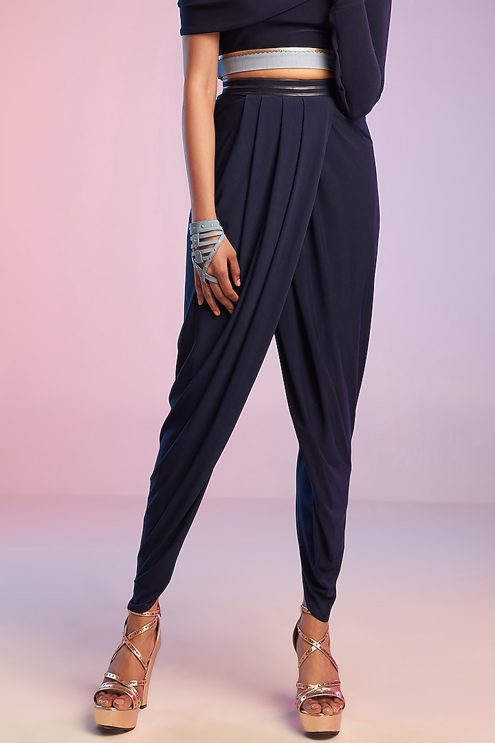 Navy Blue Poly Jersey Overlapped Drape Pants by S&N by Shantnu Nikhil