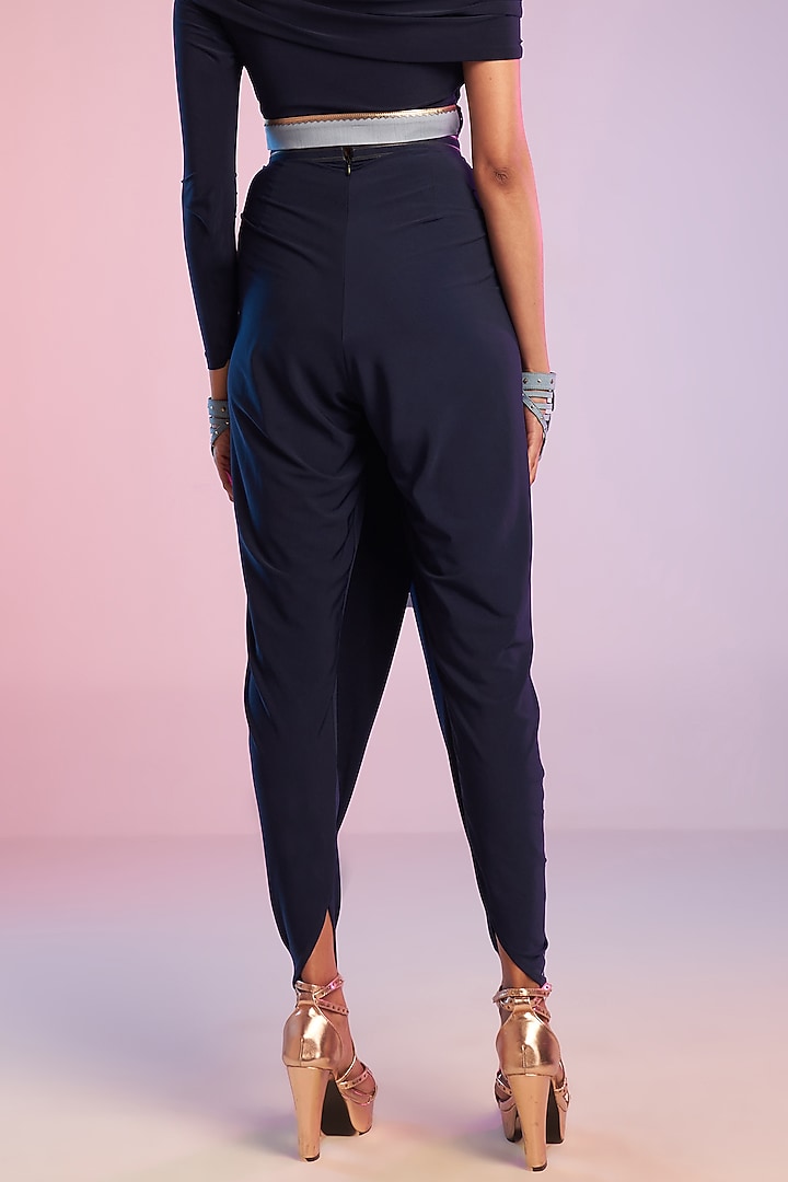Navy Blue Poly Jersey Overlapped Drape Pants by S&N by Shantnu Nikhil at Pernia's Pop Up Shop