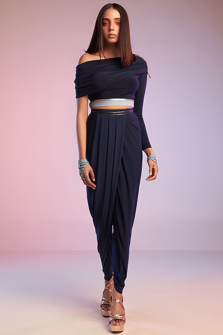 Navy Blue Poly Jersey Overlapped Drape Pants by S&N by Shantnu Nikhil at Pernia's Pop Up Shop
