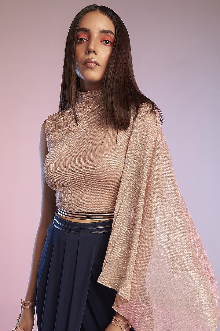 Pink Textured Georgette One-Shoulder Drape Top by S&N by Shantnu Nikhil