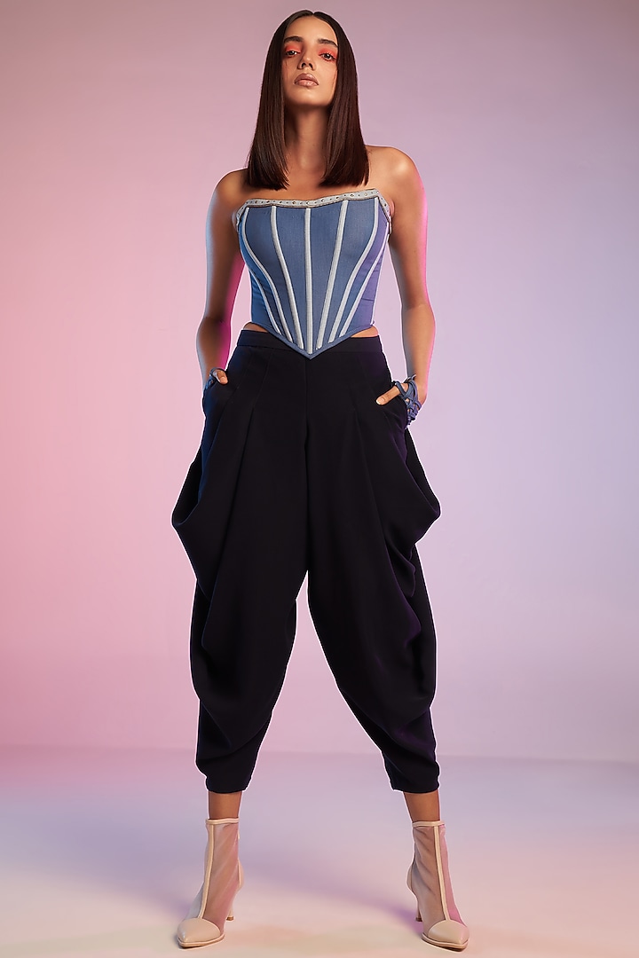Navy Sandwash Draped Cowl Pants by S&N by Shantnu Nikhil at Pernia's Pop Up Shop