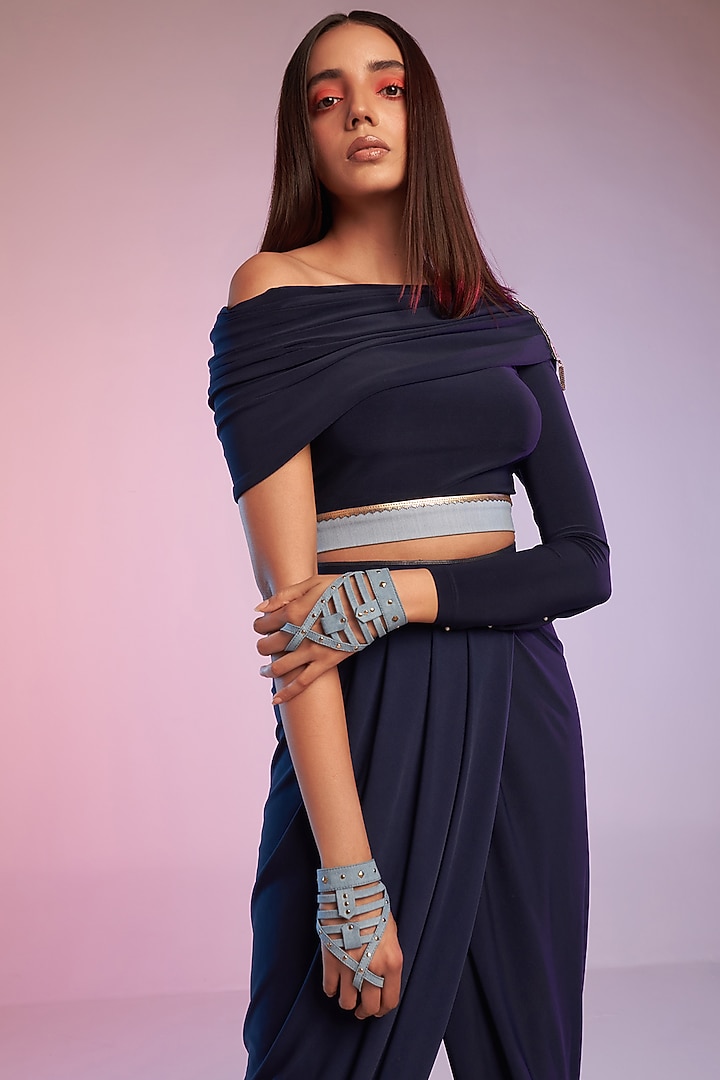 Navy Poly Jersey Draped Top by S&N by Shantnu Nikhil at Pernia's Pop Up Shop