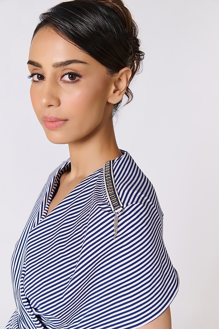 Off-White & Navy Blue Poly Jersey Draped Vacation Dress by S&N by Shantnu Nikhil at Pernia's Pop Up Shop
