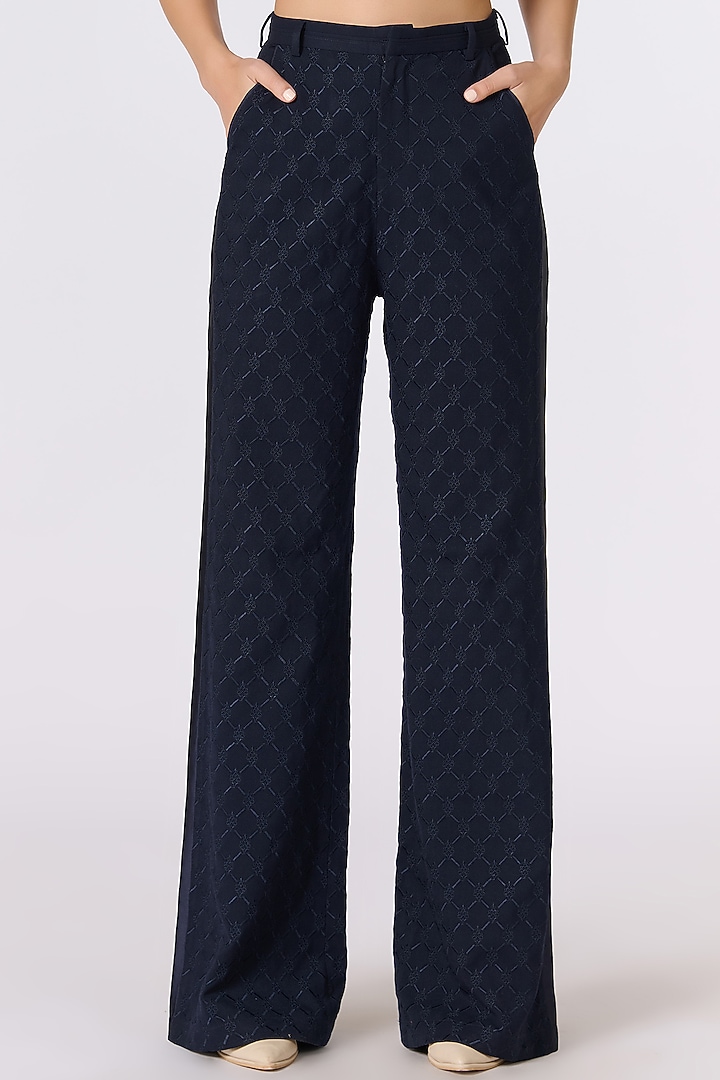 Navy Blue Poly Blend & Viscose Flared Trousers by S&N by Shantnu Nikhil at Pernia's Pop Up Shop