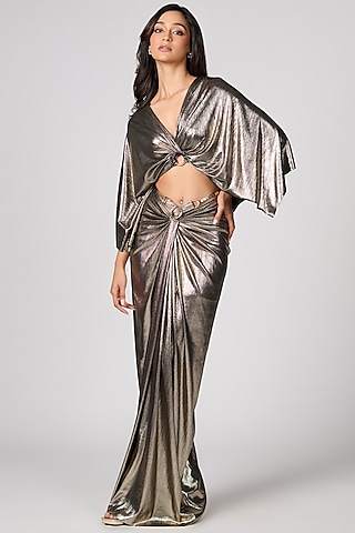 Gold Pewter Lurex Draped Cropped Top by S&N by Shantnu Nikhil