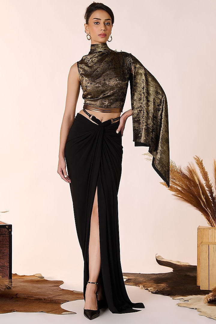 Black & Gold Sandwash Foil Metallic Embellished One-Shoulder Draped Top by S&N by Shantnu Nikhil at Pernia's Pop Up Shop