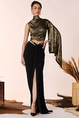 Black & Gold Sandwash Foil Metallic Embellished One-Shoulder Draped Top by S&N by Shantnu Nikhil